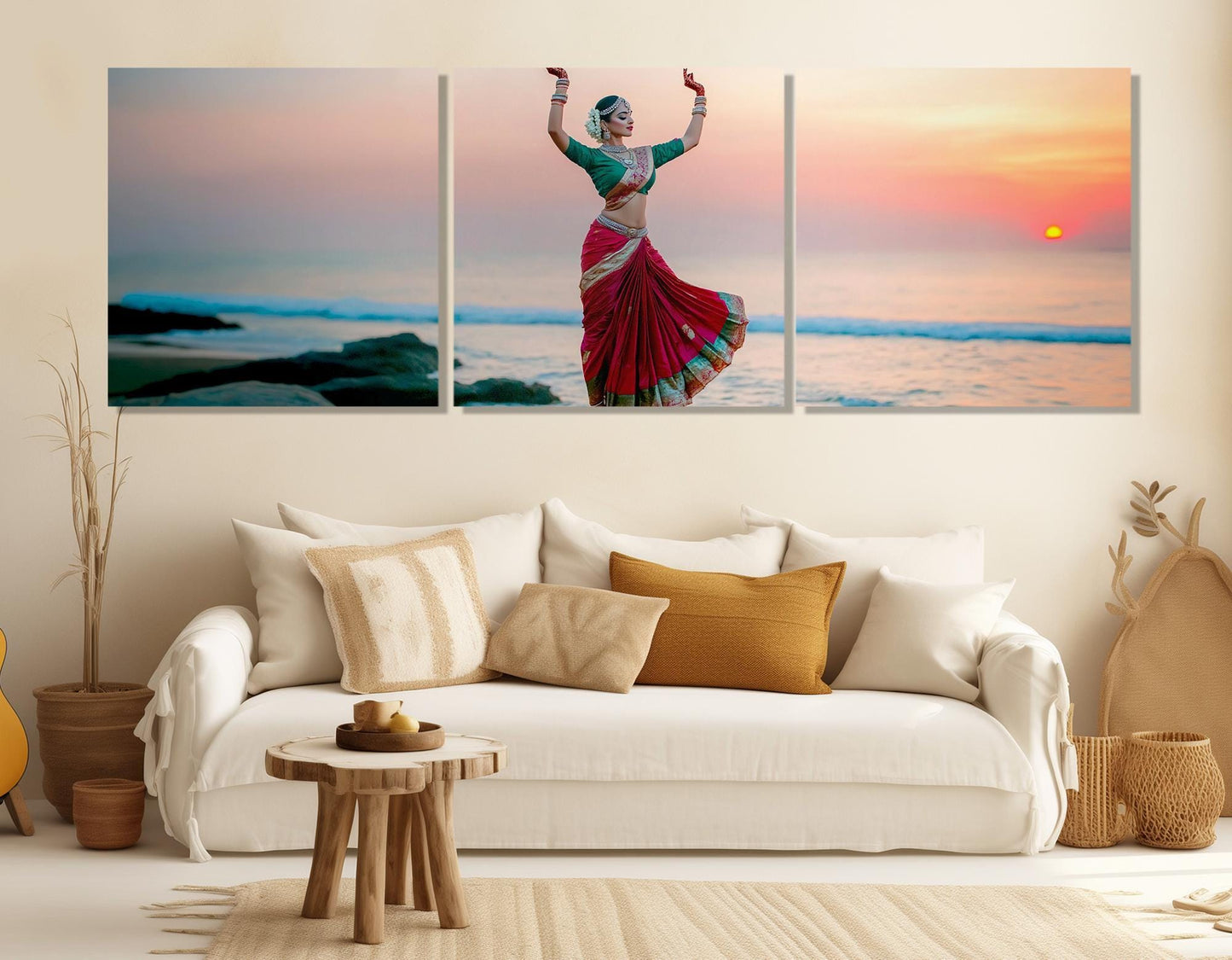 Indian Odissi Dance Canvas – Vibrant Cotton Canvas Print | Framed Beach Sunset Art