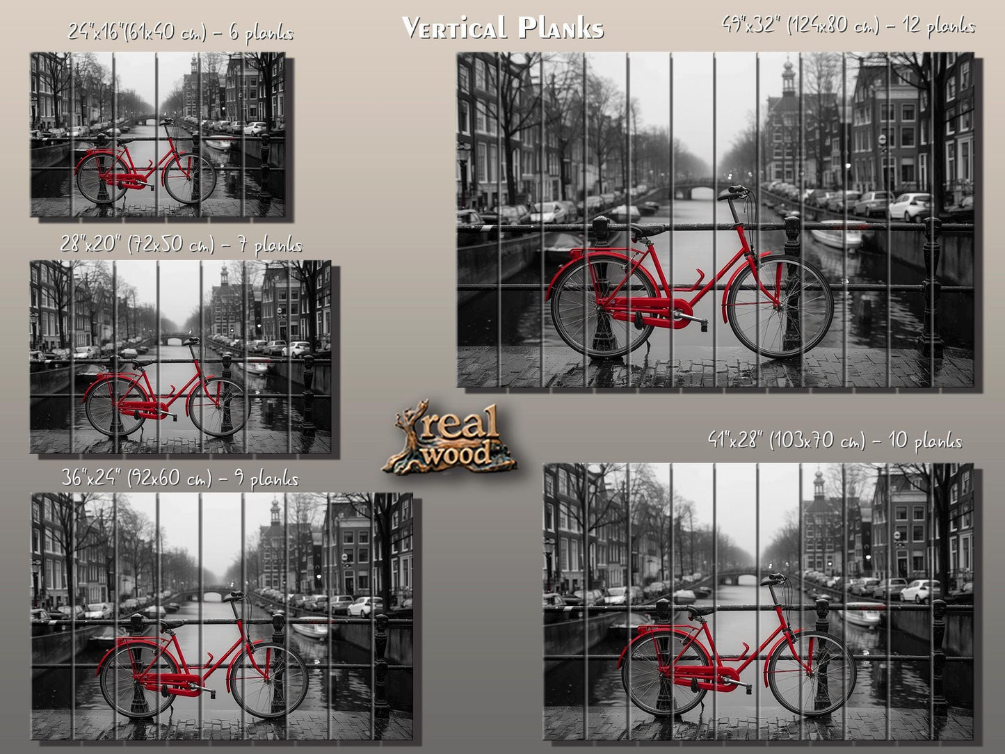 Wood Wall Art - Red Bicycle in Amsterdam Print on Wood, Netherlands Wall Art, Black and White Amsterdam Wood Print, Rustic Amsterdam Art
