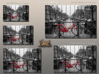 Wood Wall Art - Red Bicycle in Amsterdam Print on Wood, Netherlands Wall Art, Black and White Amsterdam Wood Print, Rustic Amsterdam Art