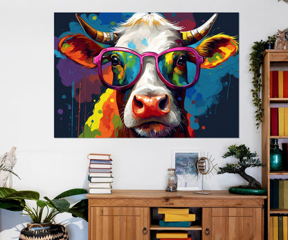 Cow in Glasses Canvas – Framed Cotton Gallery Wrapped Print | Kids Room Wall Art