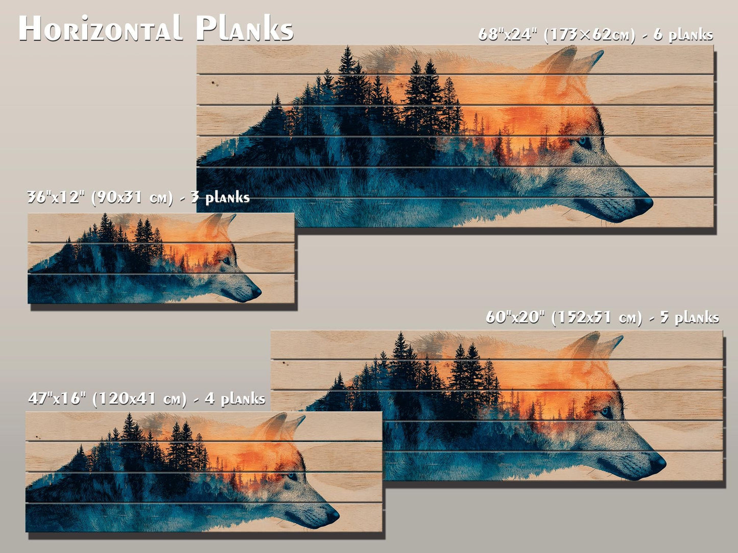 Wolf Silhouette with Forest Print on Wood, Rustic Wildlife Wall