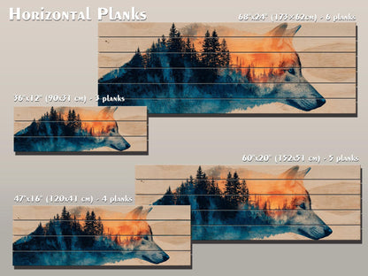 Wolf Silhouette with Forest Print on Wood, Rustic Wildlife Wall