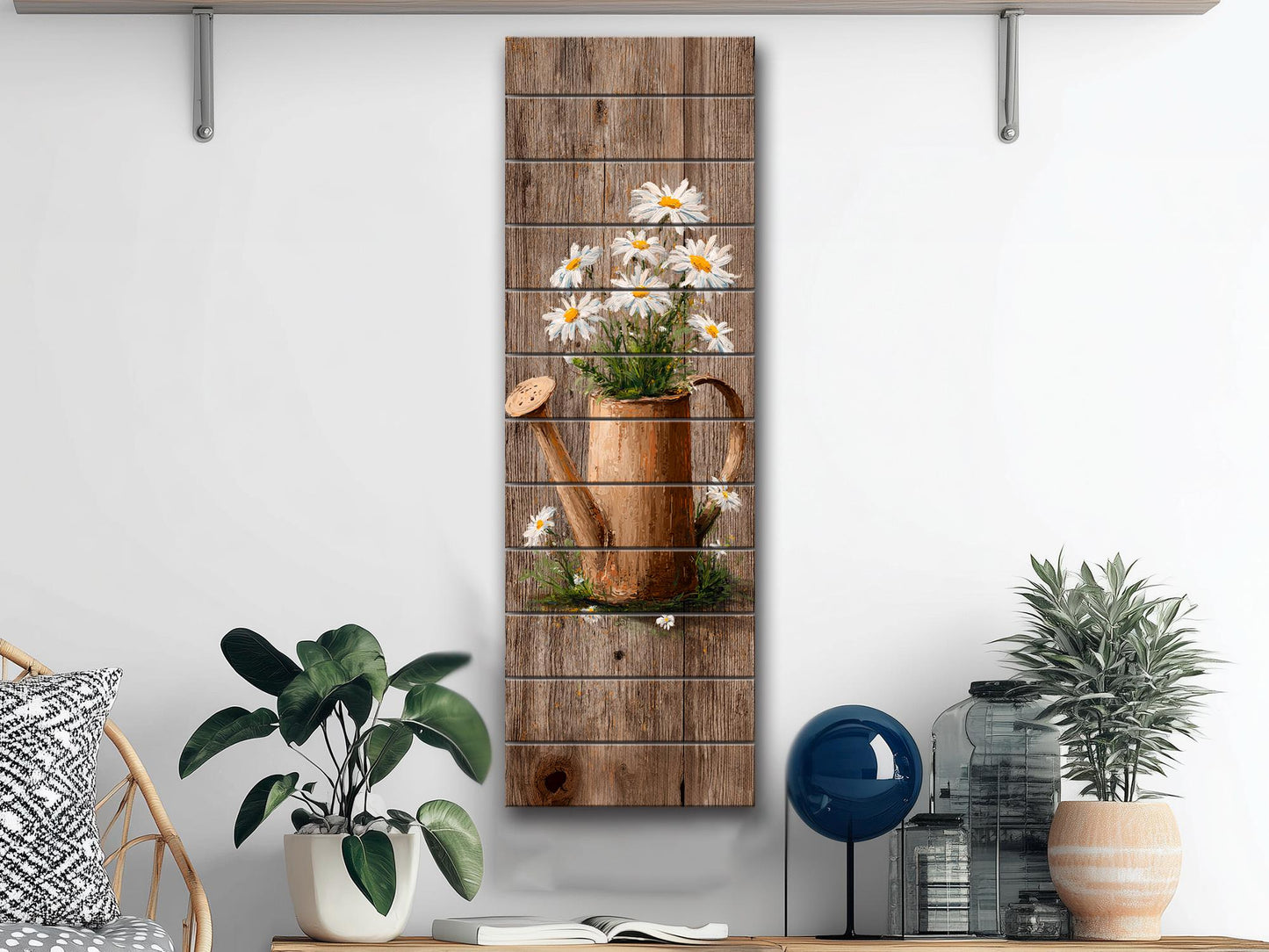 Rustic Wood Wall Art – Farmhouse Wall Decor | Watering Can & Daisy Floral Print
