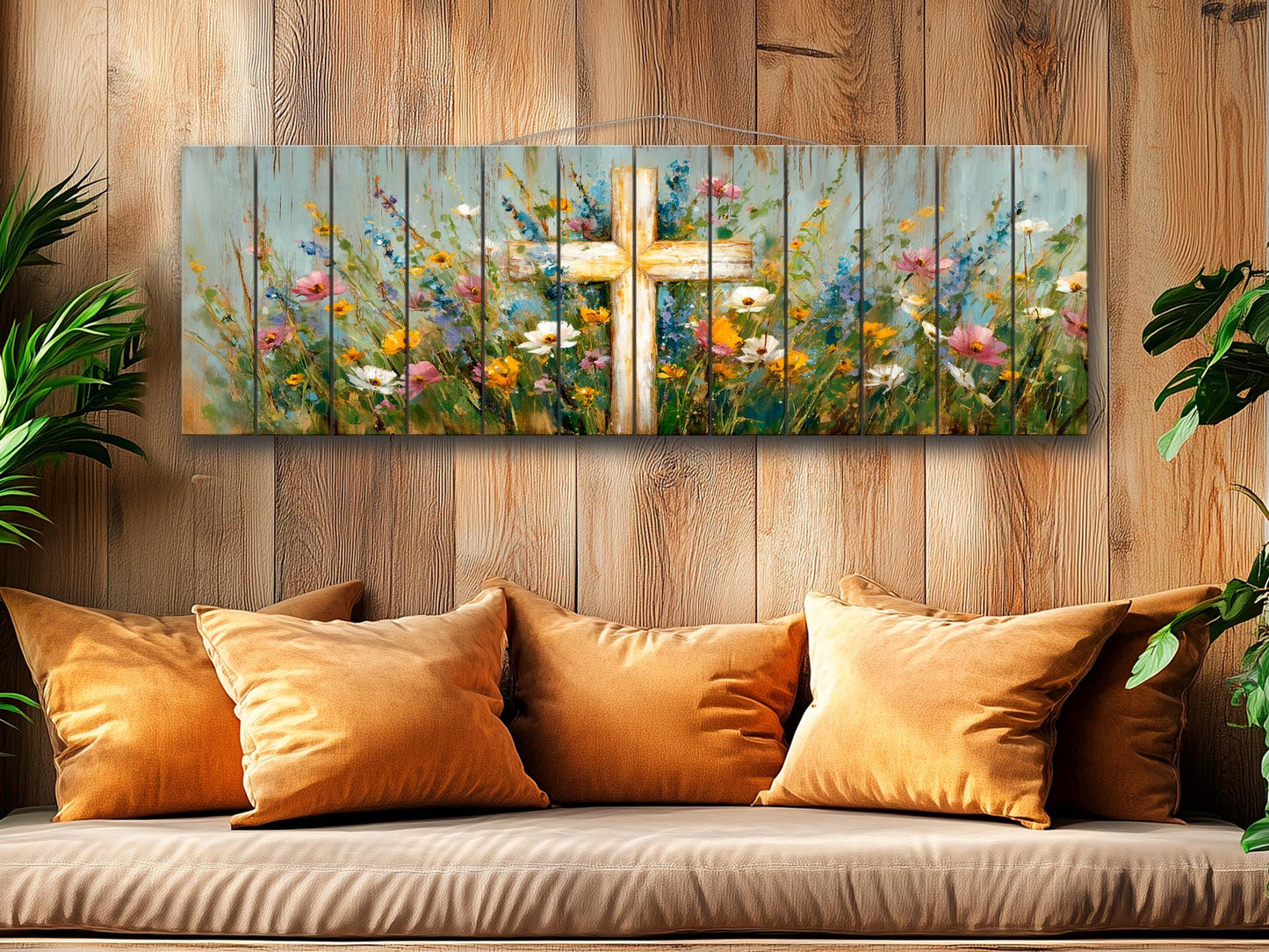 Christian Wood Wall Art – Rustic Cross Painting | Handcrafted Wildflower Wood Plank Artwork