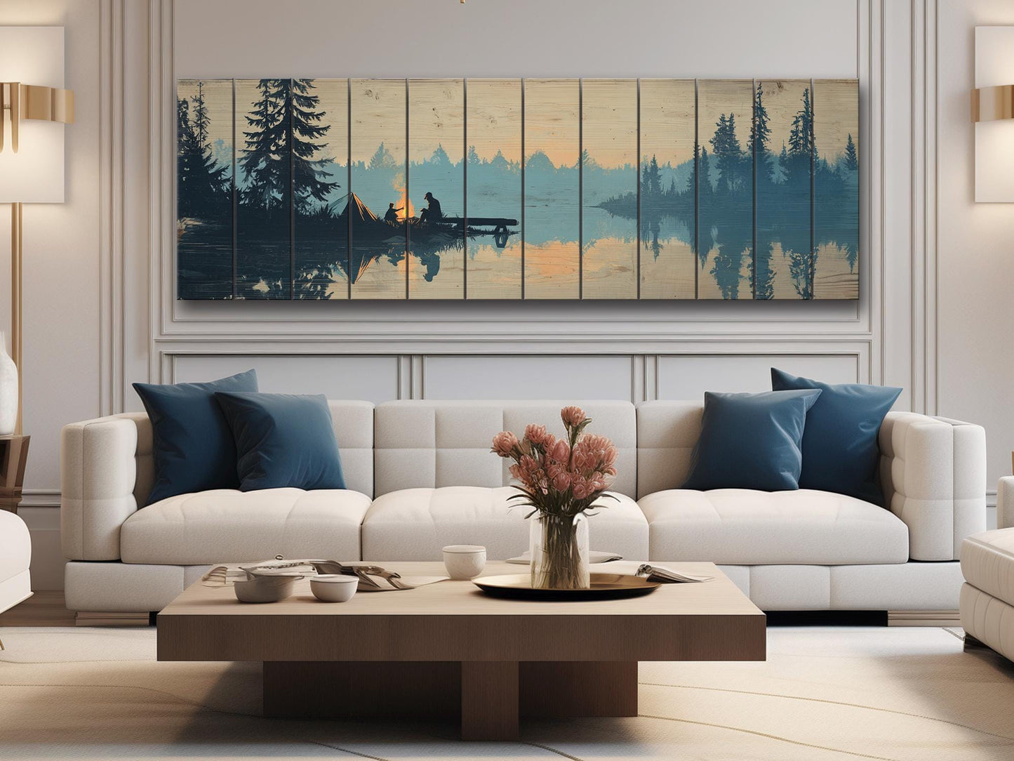 Campfire Print on Wood – Rustic Wood Decor with Mountain Lake and Warm Firelight
