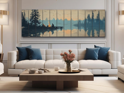 Campfire Print on Wood – Rustic Wood Decor with Mountain Lake and Warm Firelight