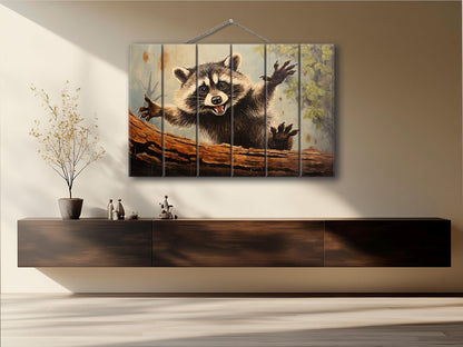 Rustic Woodland Wall Art – Happy Raccoon Wooden Wall Decor on Wood Planks
