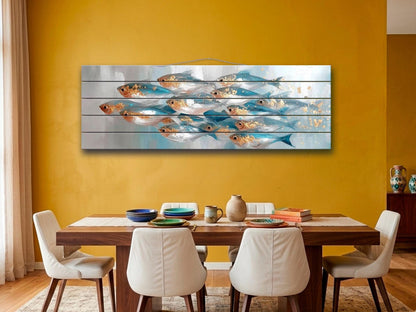 School of Fish Print on Wood, Marine Abstract Painting, Coastal Wall Art