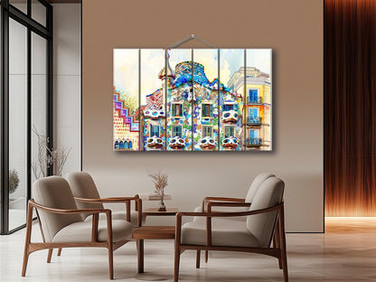 Casa Batlló In Barcelona by Antoni Gaudí Painting Printed on Natural Wood, Barcelona Wall Art, Casa Dels Ossos Print, Wood Wall Art