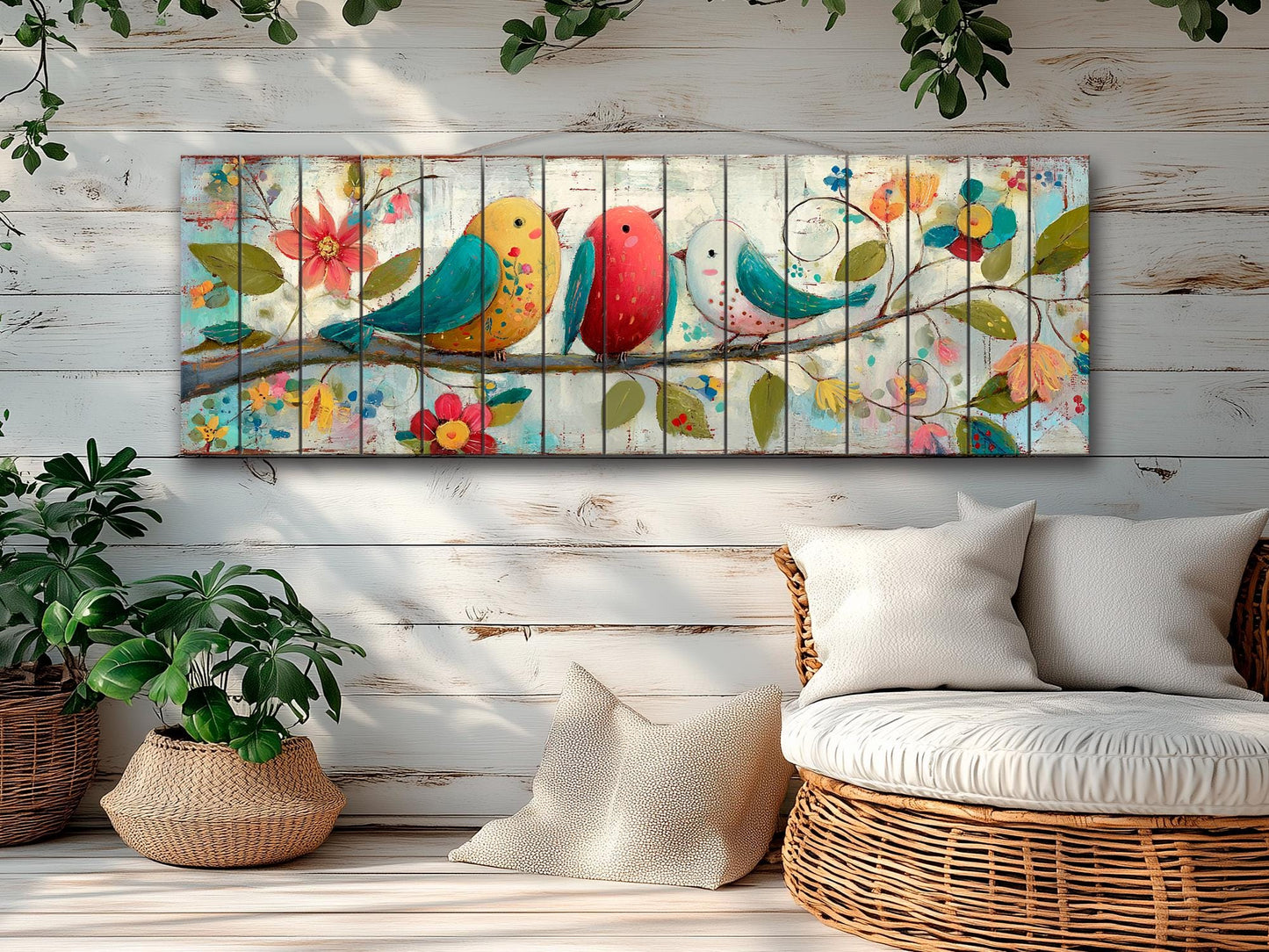 Wood Wall Art - Trio of Birds Print on Natural Wood Plank | Rustic Folk Art Decor
