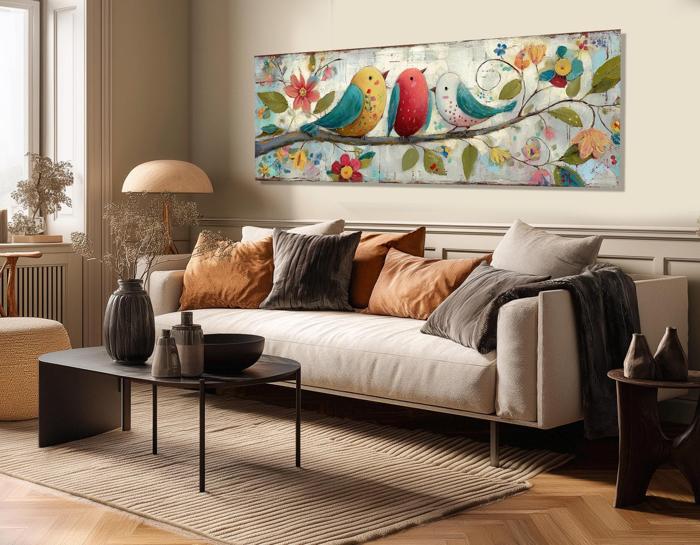 Folk Art Canvas Print – Birds on Floral Branch | Rustic Wall Decor, Ready to Hang