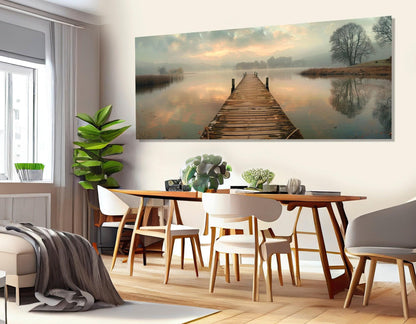 Old Fishing Bridge Canvas - Large Scenic Lake Wall Art with Foggy Lake Painting
