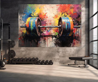 Abstract Barbell Painting - Framed Gym Wall Decor | Workout Canvas Art 24x16 to 54x36