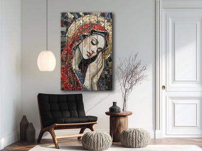 Saint Maria Wood Art – Mosaic Religious Wall Decor on Natural Wood Planks