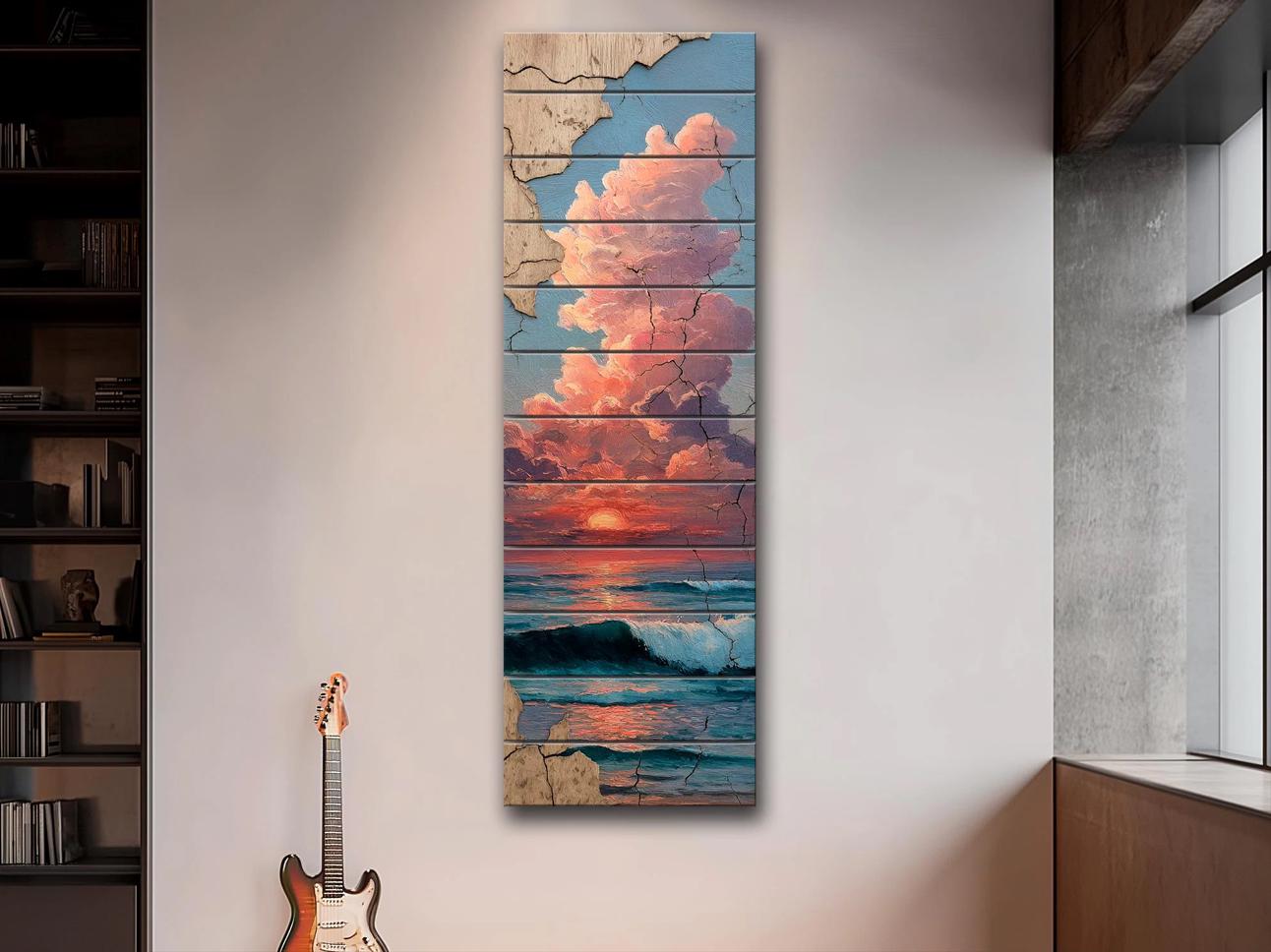 Wood Wall Art - Sunset Over Sea Printed on Wood – Coastal Horizon Wall Art – Rustic Beach Decor