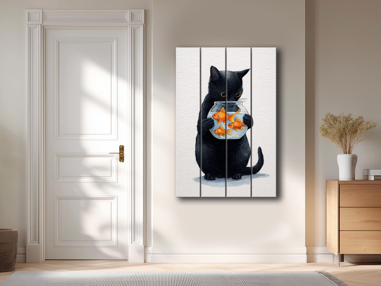 Black Cat Wall Art – Minimalist Wood Print on Natural Plank with Goldfish