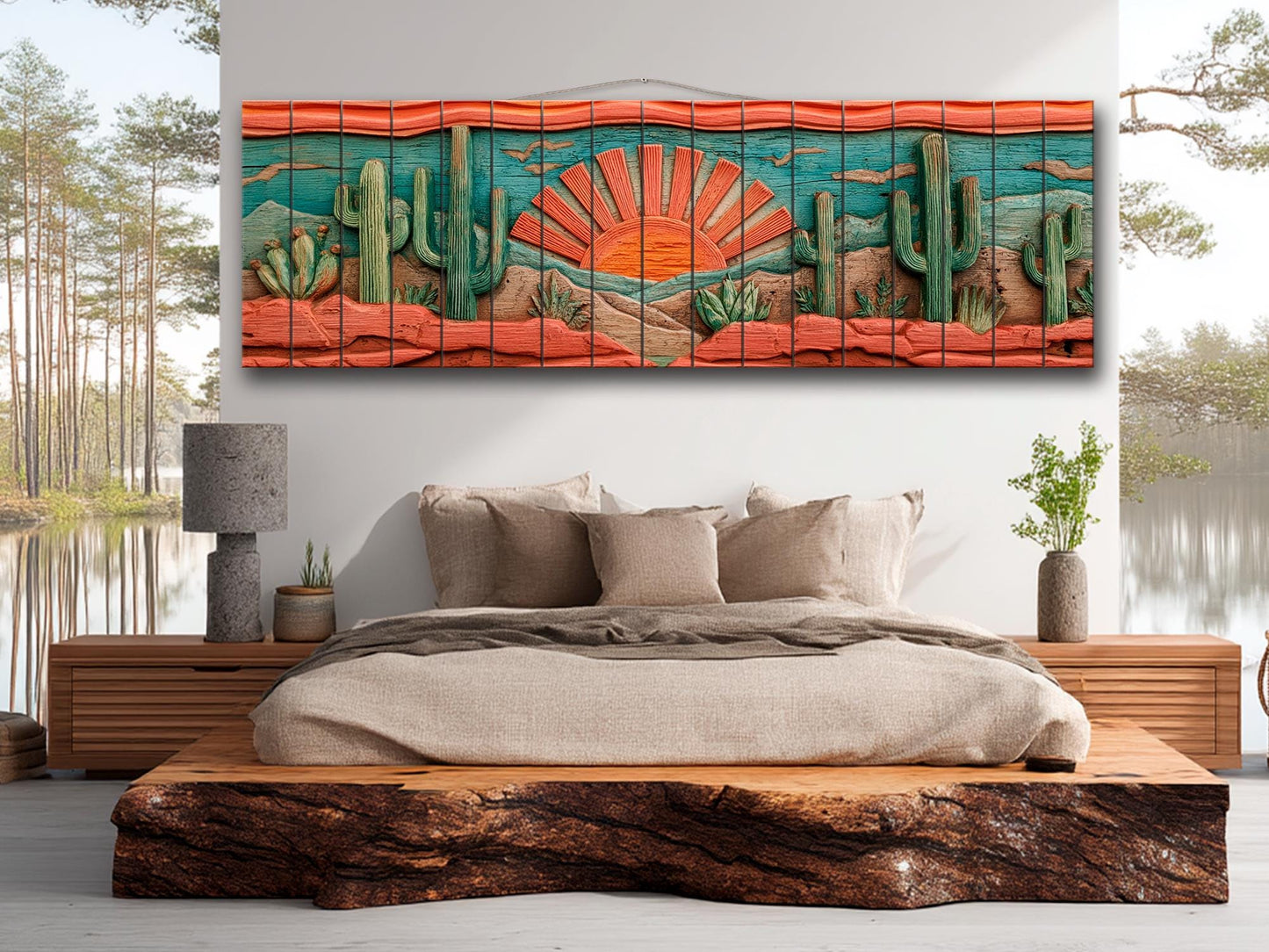 Arizona Desert Wood Print with Cactus and Sun, Rustic Vintage Southwest Wall Art