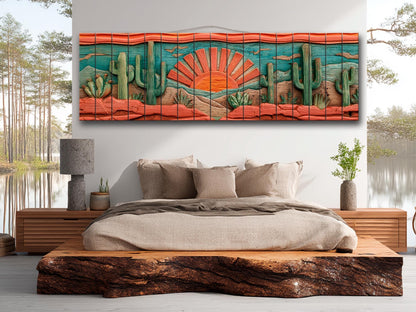 Arizona Desert Wood Print with Cactus and Sun, Rustic Vintage Southwest Wall Art