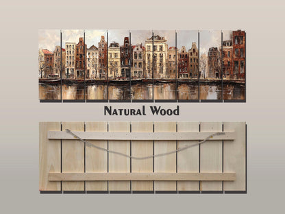 Amsterdam Canal Houses Print – Rustic Wood Art Beige Wall Decor on Distressed Wood