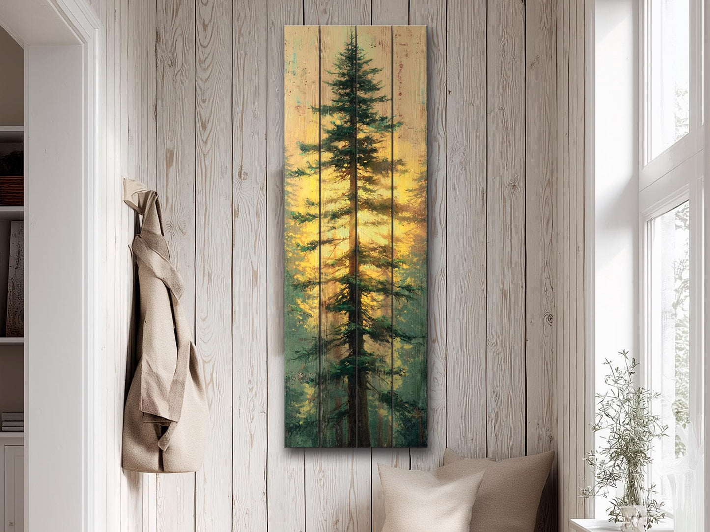 Tall Pine Tree with Golden Sunlight Print on Natural Wood, Cabin Wall Decor, Cozy Lodge Decor, Vertical Pine Tree Painting, Wood Wall Art