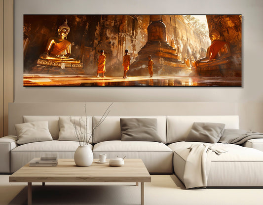 Buddhist Temple Canvas Print – Children Monks Wall Art with Floating Frame, Ready to Hang