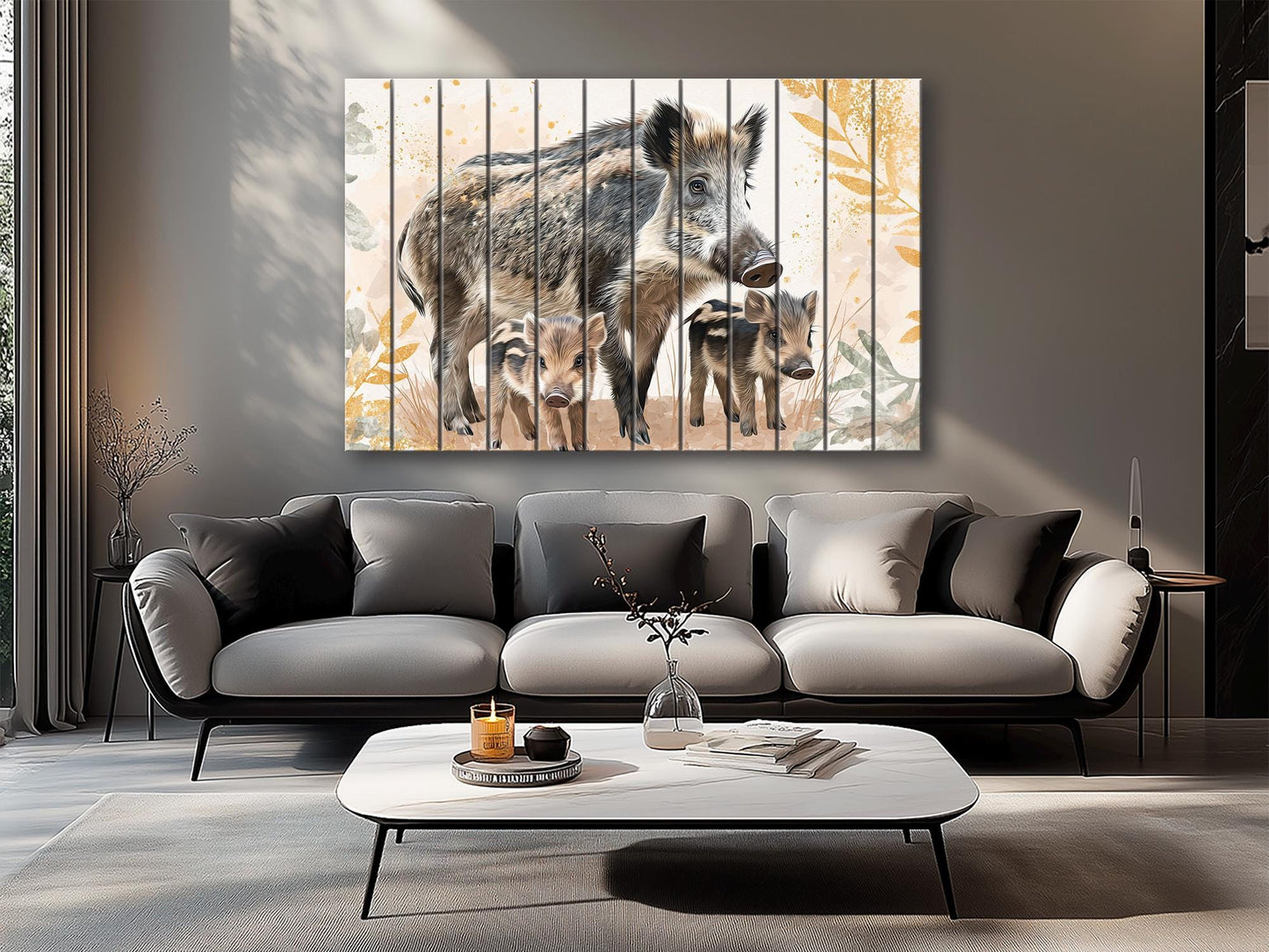 Cute Wild Boar Family Kids Print on Wood – Animal  Wall Art