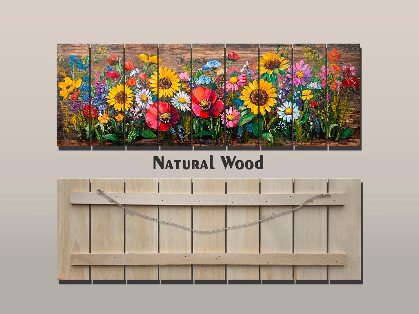 Wood Wall Art – Rustic Floral Wall Art with Daisy Sunflower Poppy Summer Print