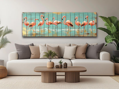 Wood Wall Art – Flock of Graceful Flamingos Print on Natural Wood, Rustic Flamingo Painting, Flamingo Wall Art, Soft Tones Birds Wall Art