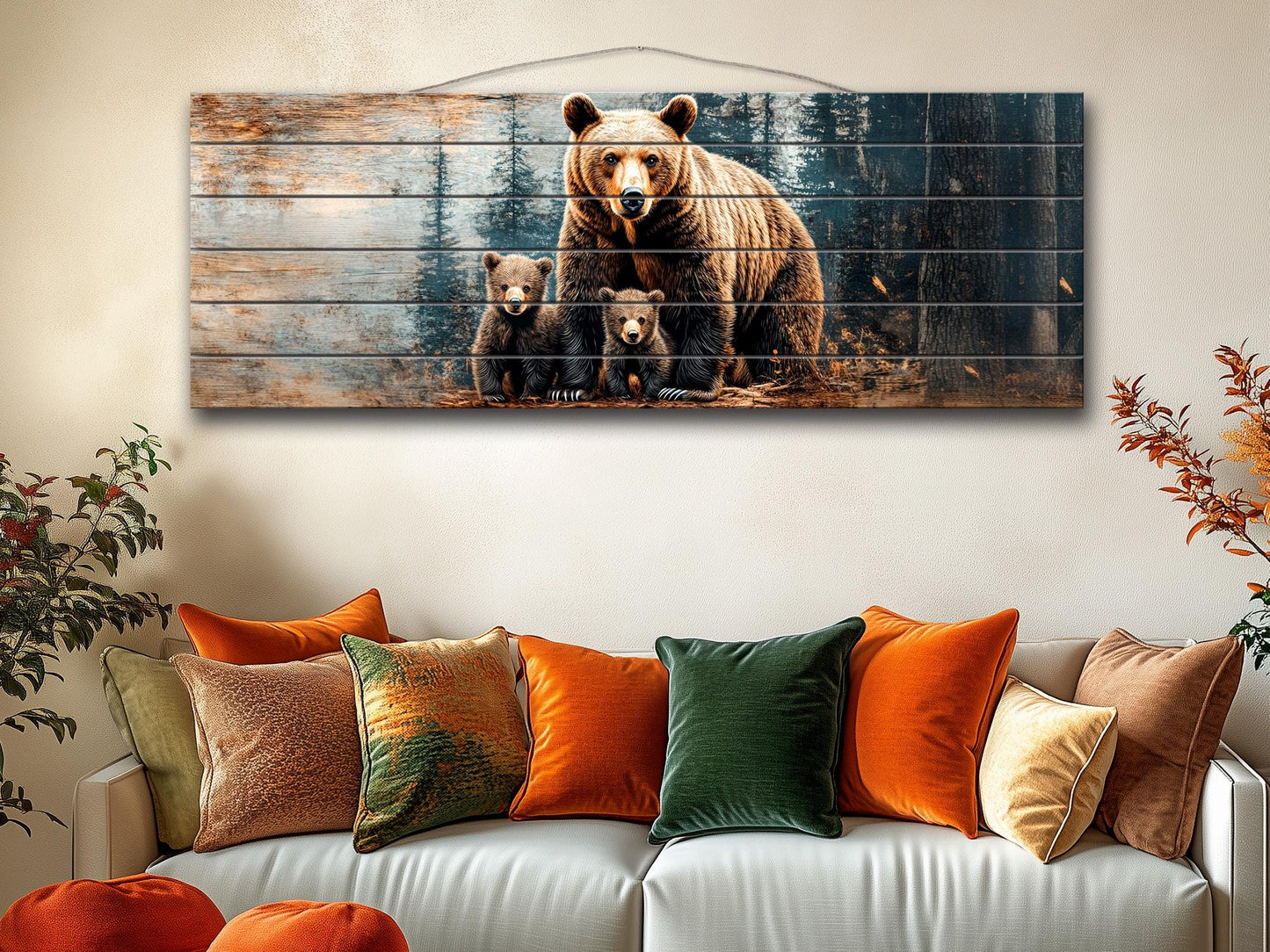 Grizzly Bear Wall Art - Rustic Wood Print with Bear Family Painting on Natural Wood Planks