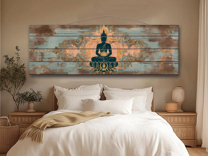 Wood Wall Art - Peaceful Buddha Print on Natural Wood, Buddhist Wall Art, Large Buddha Painting, Buddhist Gift, Rustic Buddhist Wall Decor