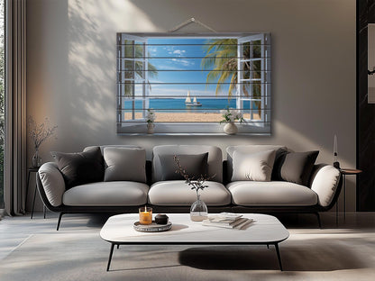Wood Wall Art – Open Window Sea View Painting on Natural Wood Planks | Nautical Decor