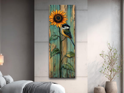 Wood Wall Art – Rustic Chickadee Bird Painting on Sunflower Plank Decor