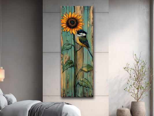 Wood Wall Art – Rustic Chickadee Bird Painting on Sunflower Plank Decor