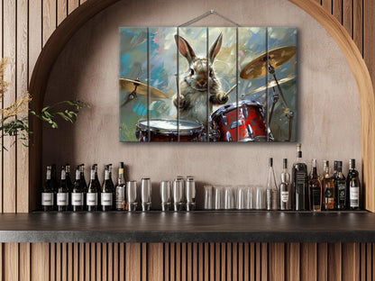 Rabbit Drummer Print on Wood, Funny Rabbit Musician Print, Drummer Gift, Musician Gift, Wood in Interior, Drums Wall Art, Wood Wall Art