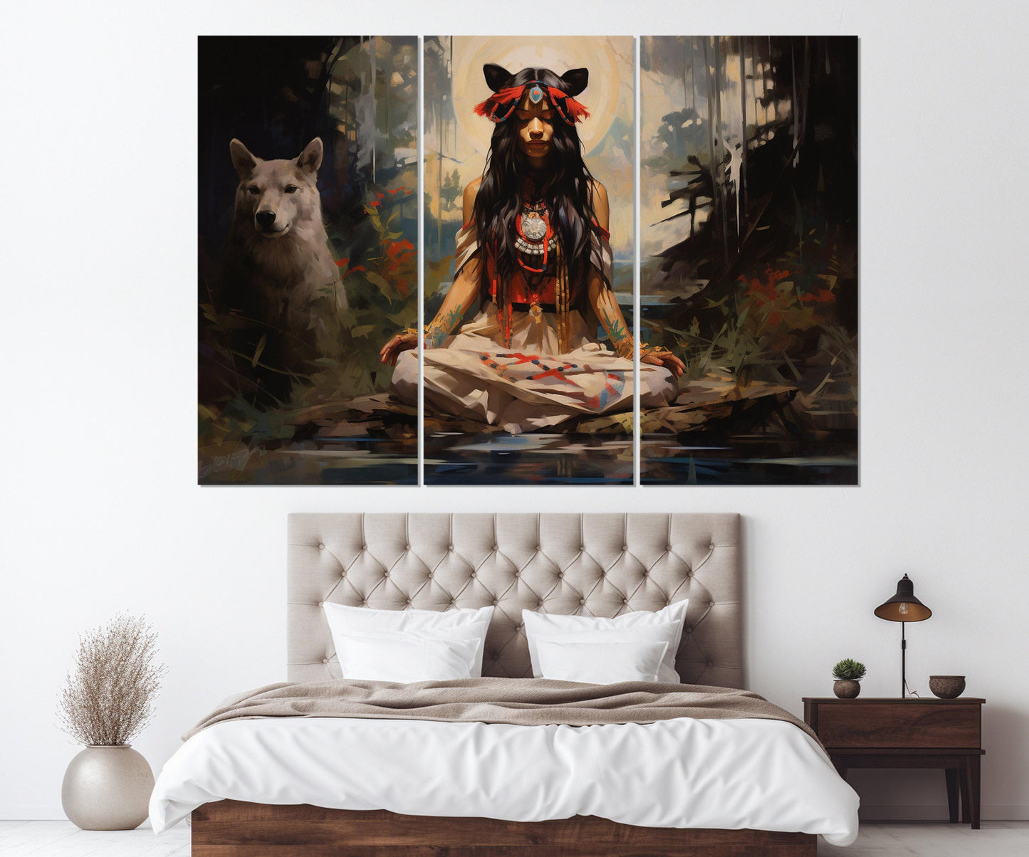 Native American Wall Art – American Indian Painting on High Quality Cotton Canvas, Ready to Hang