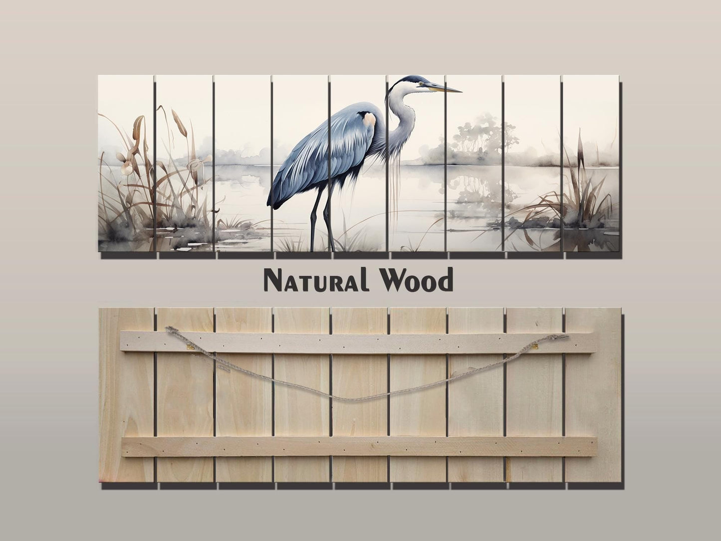 Rustic Heron Wall Art – Wooden Bird Print on Natural Wood Plank Artwork