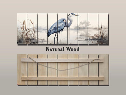 Rustic Heron Wall Art – Wooden Bird Print on Natural Wood Plank Artwork