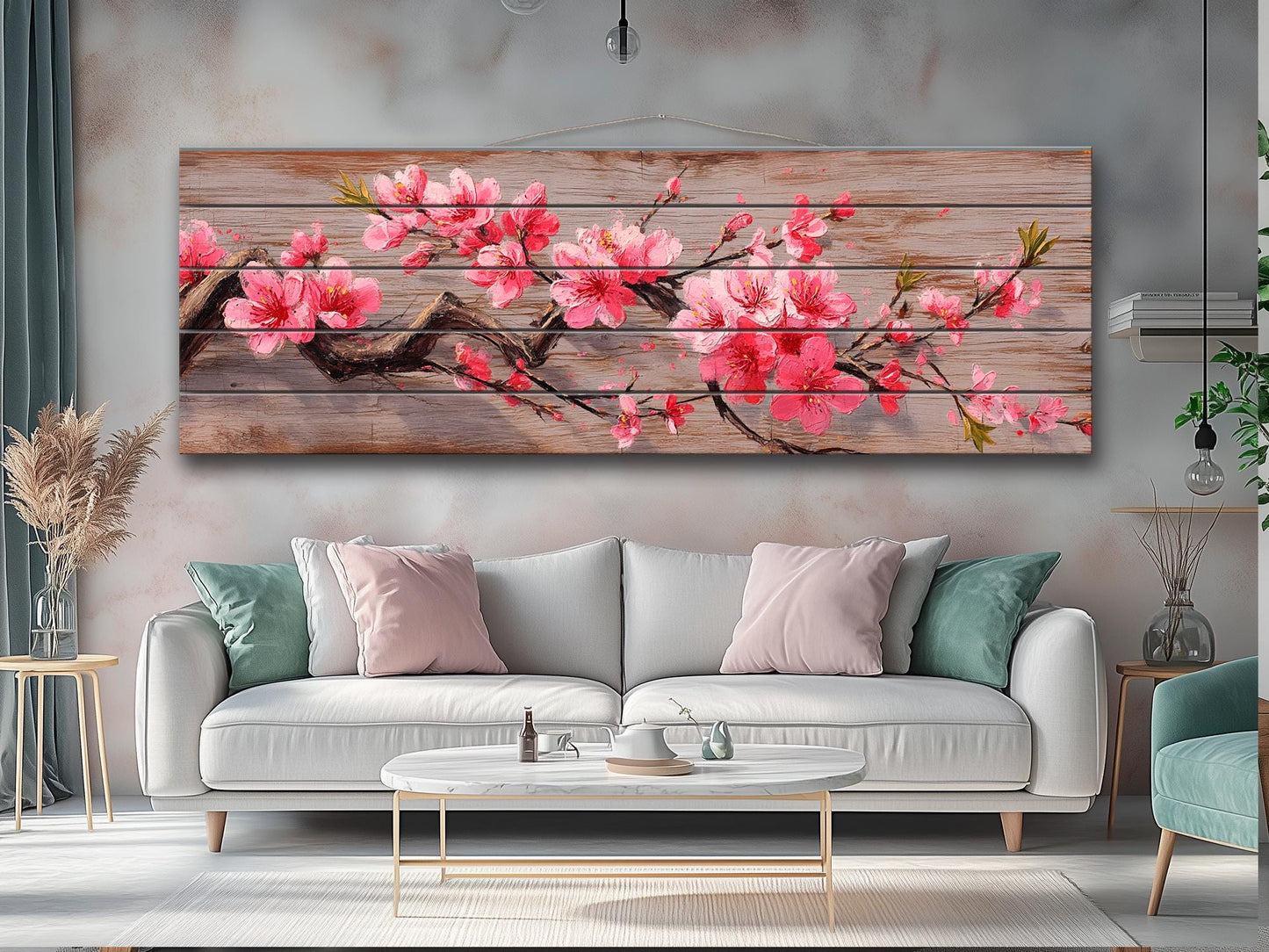 Wood Wall Art - Sakura Branch Painting Printed on Natural Wood, Sakura Tree Print, Japanese Wall Art, Rustic Japanese Wall Decor