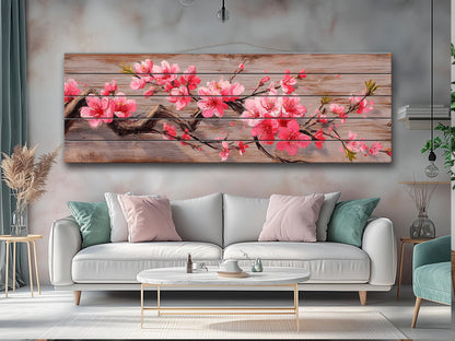 Wood Wall Art - Sakura Branch Painting Printed on Natural Wood, Sakura Tree Print, Japanese Wall Art, Rustic Japanese Wall Decor