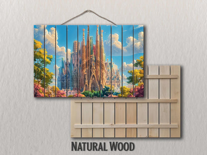 Sagrada Familia Wall Art – Natural Wood Print | Barcelona Skyline Decor