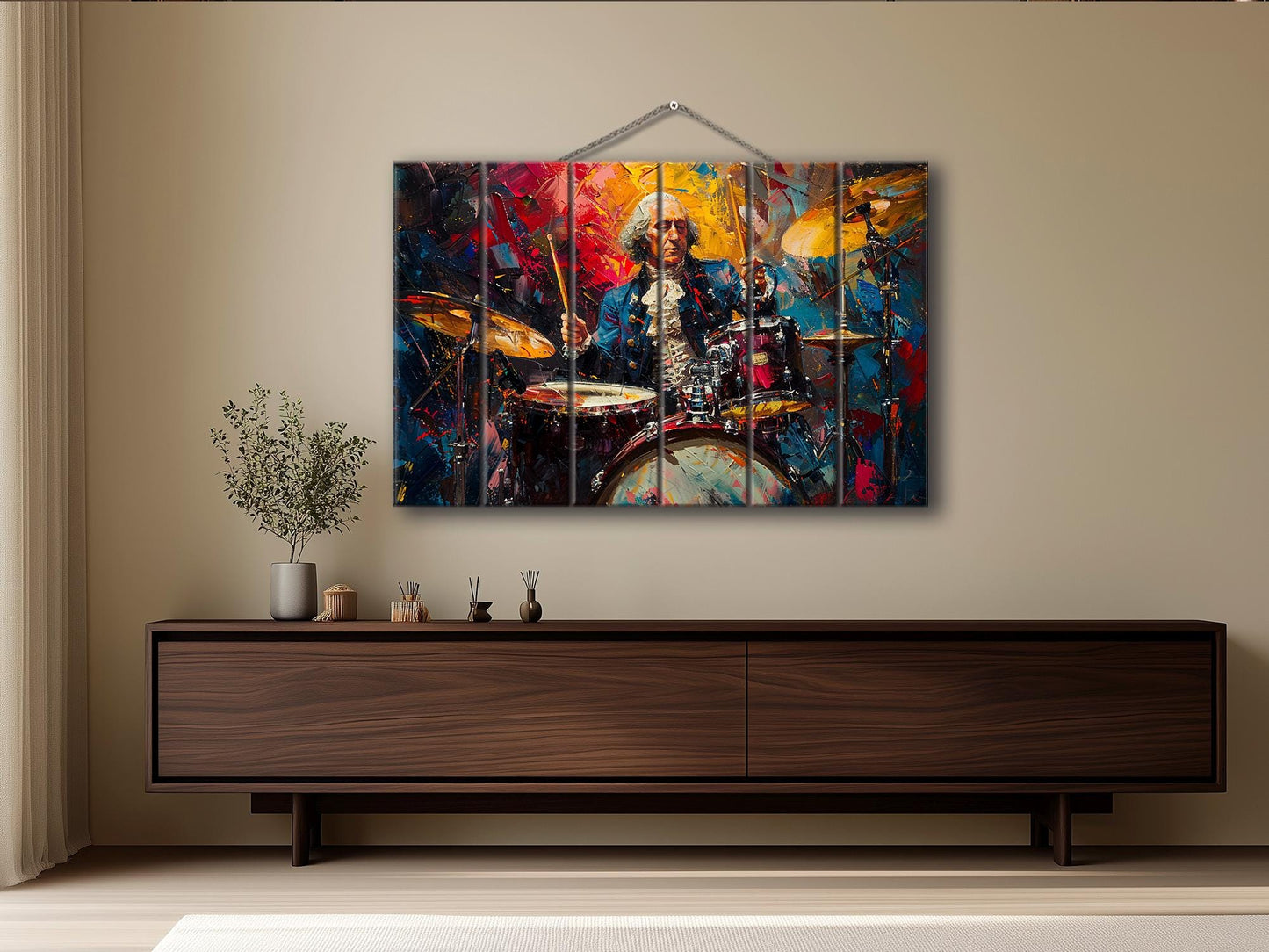 George Washington Playing Drums Abstract Painting Printed on Wood, Politician Gift, Drums Wall Art, Drummer Gift, Wood Print, Wood Wall Art