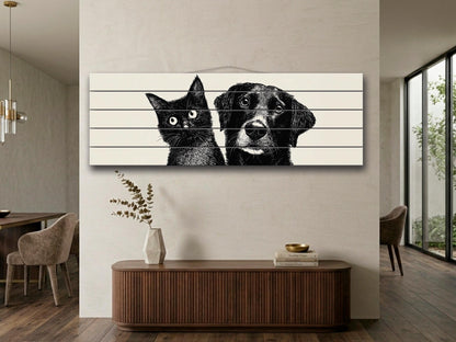 Cat and Dog Print on Wood, Black and White Pet Wall Art, Rustic Bedroom Print