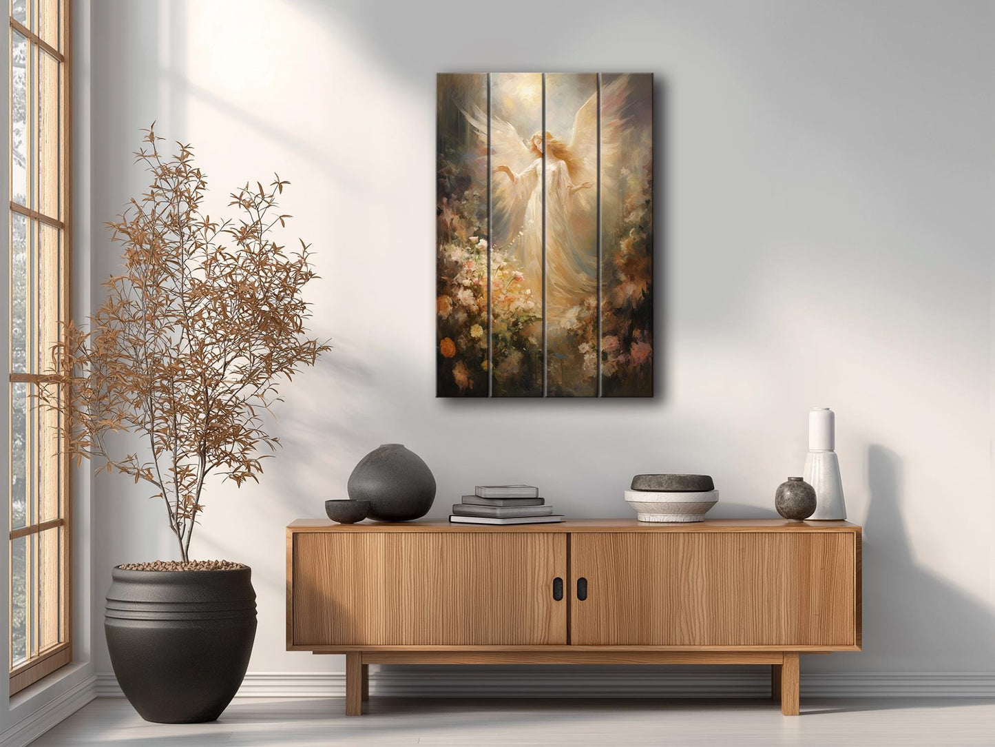Angel Wood Print – Rustic Spiritual Art on Natural Wood Planks | Religious Wall Decor