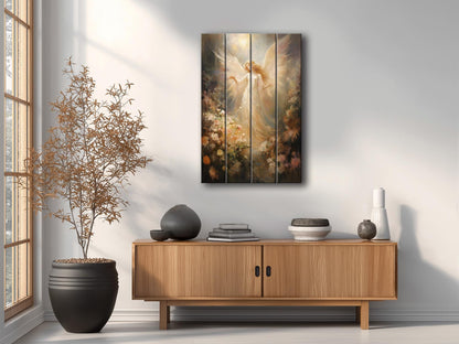 Angel Wood Print – Rustic Spiritual Art on Natural Wood Planks | Religious Wall Decor