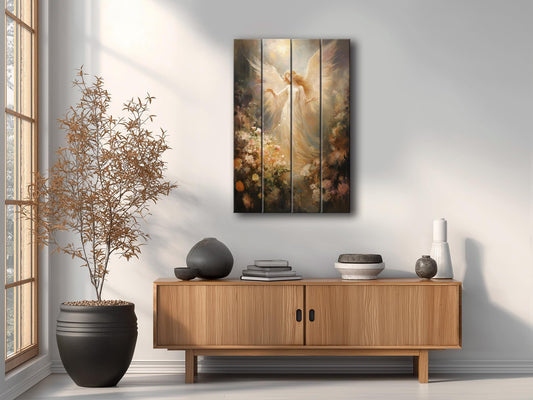 Angel Wood Print – Rustic Spiritual Art on Natural Wood Planks | Religious Wall Decor