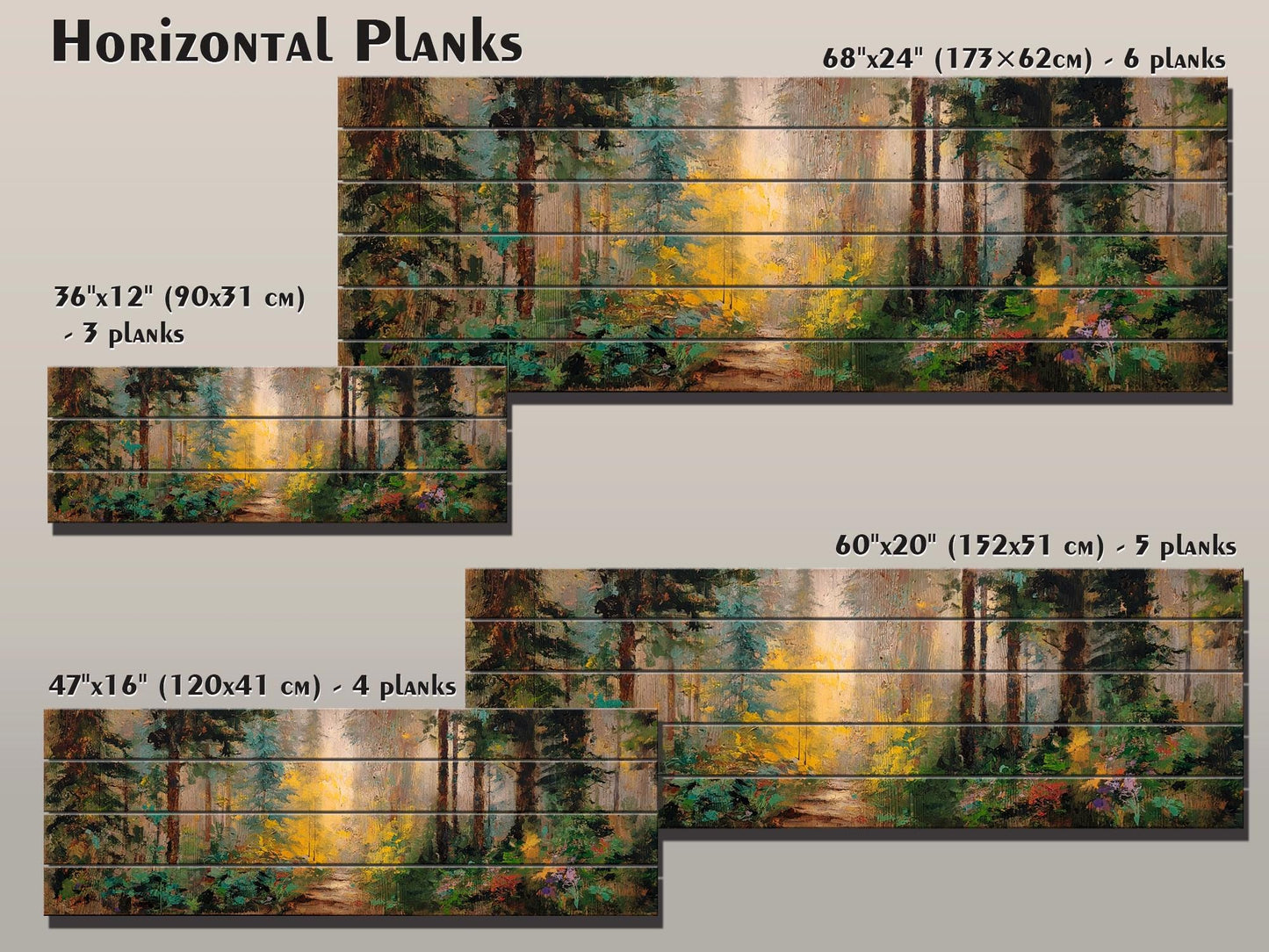 Mystical Forest Path Bathed in Golden Morning Light Print on Wood, Rustic Forest Painting, Cozy Cabin Wall Decor, Wood Wall Art