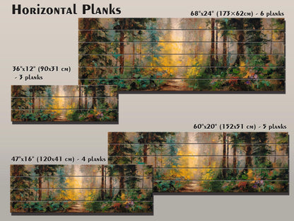 Mystical Forest Path Bathed in Golden Morning Light Print on Wood, Rustic Forest Painting, Cozy Cabin Wall Decor, Wood Wall Art