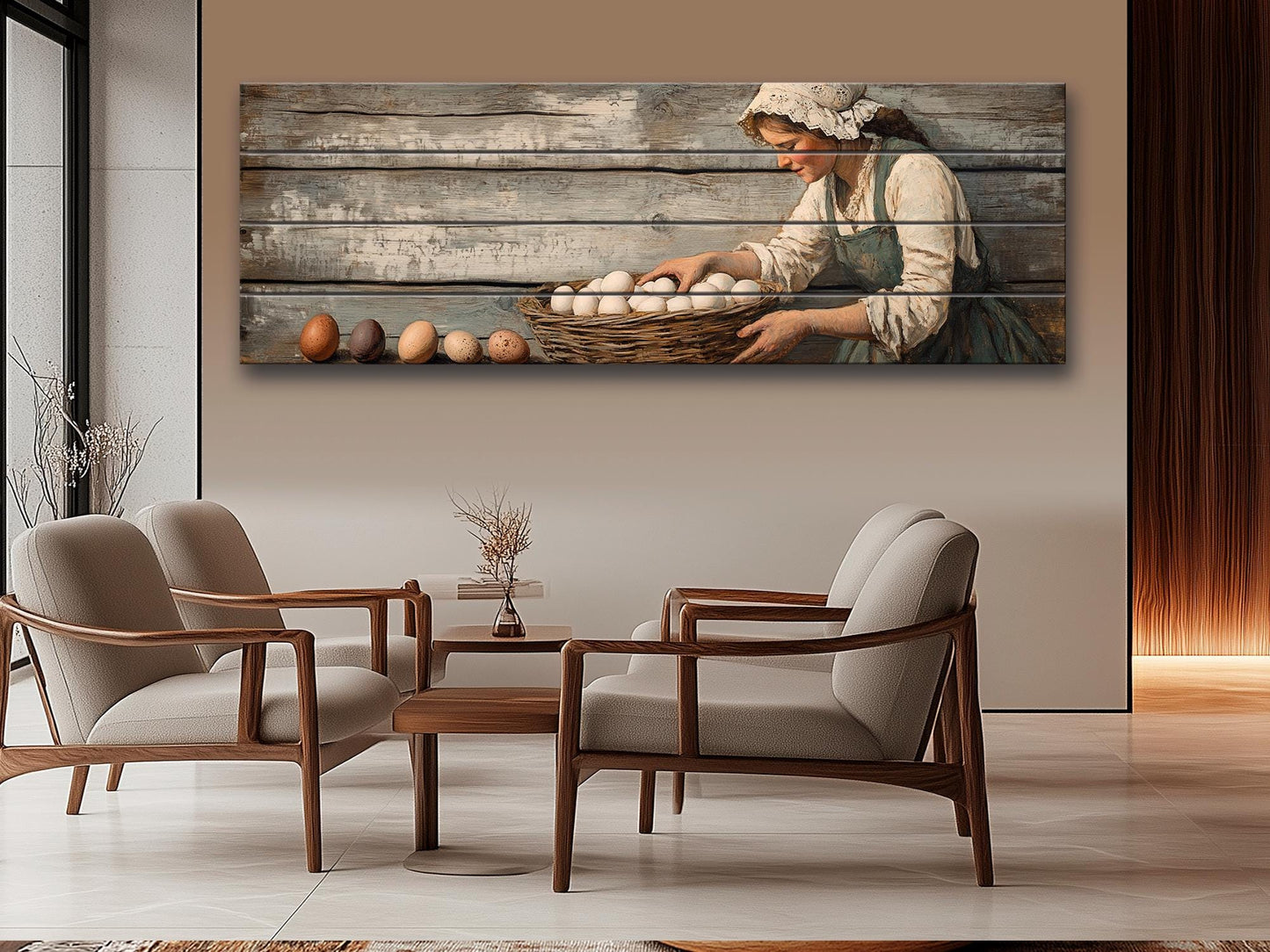 Rustic Wood Wall Art – Woman Collecting Eggs Print on Natural Wood Plank