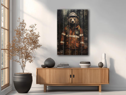 Rustic Fireman Bear Print on Natural Wood – Nursery Animal Wall Art