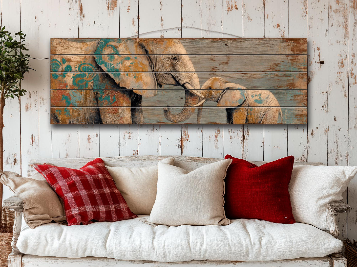 Loving Mother Elephant with Calf on Rustic Wooden Slats, Elephants Wall Art, Elephants Painting, Elephants Print on Wood, Wood Wall Art